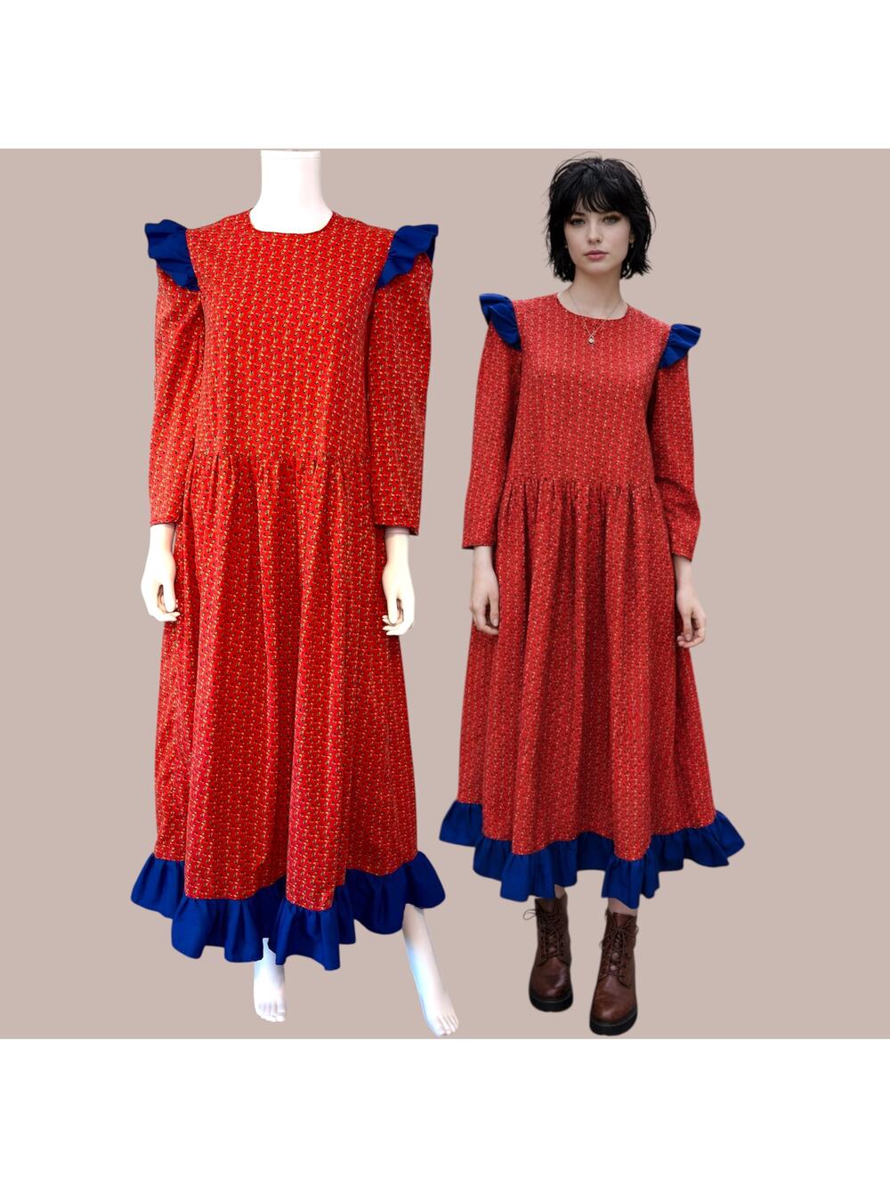 Vtg 70s Handmade Orange & Blue Floral Prairie Dress Size S/M Cottagecore Ruffle